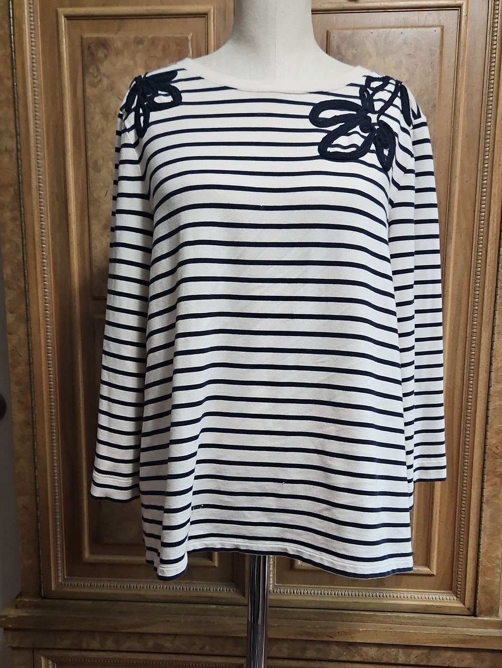 Chico's Navy and White Striped  3/4-Sleeve Top with Shoulder Appliqué Large